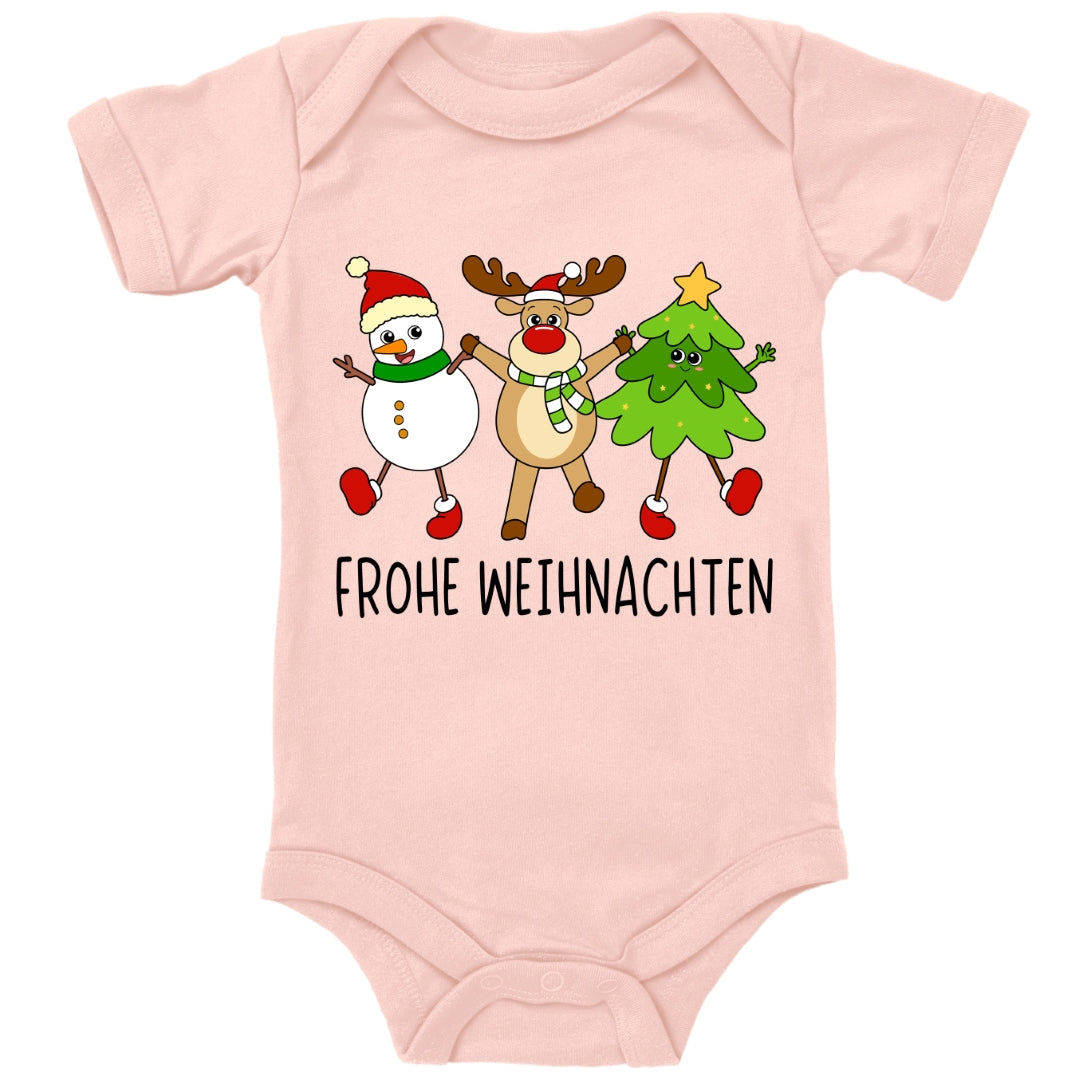 Schneemann, Elch und Tannenbaum wünschen frohe Weihnachten
