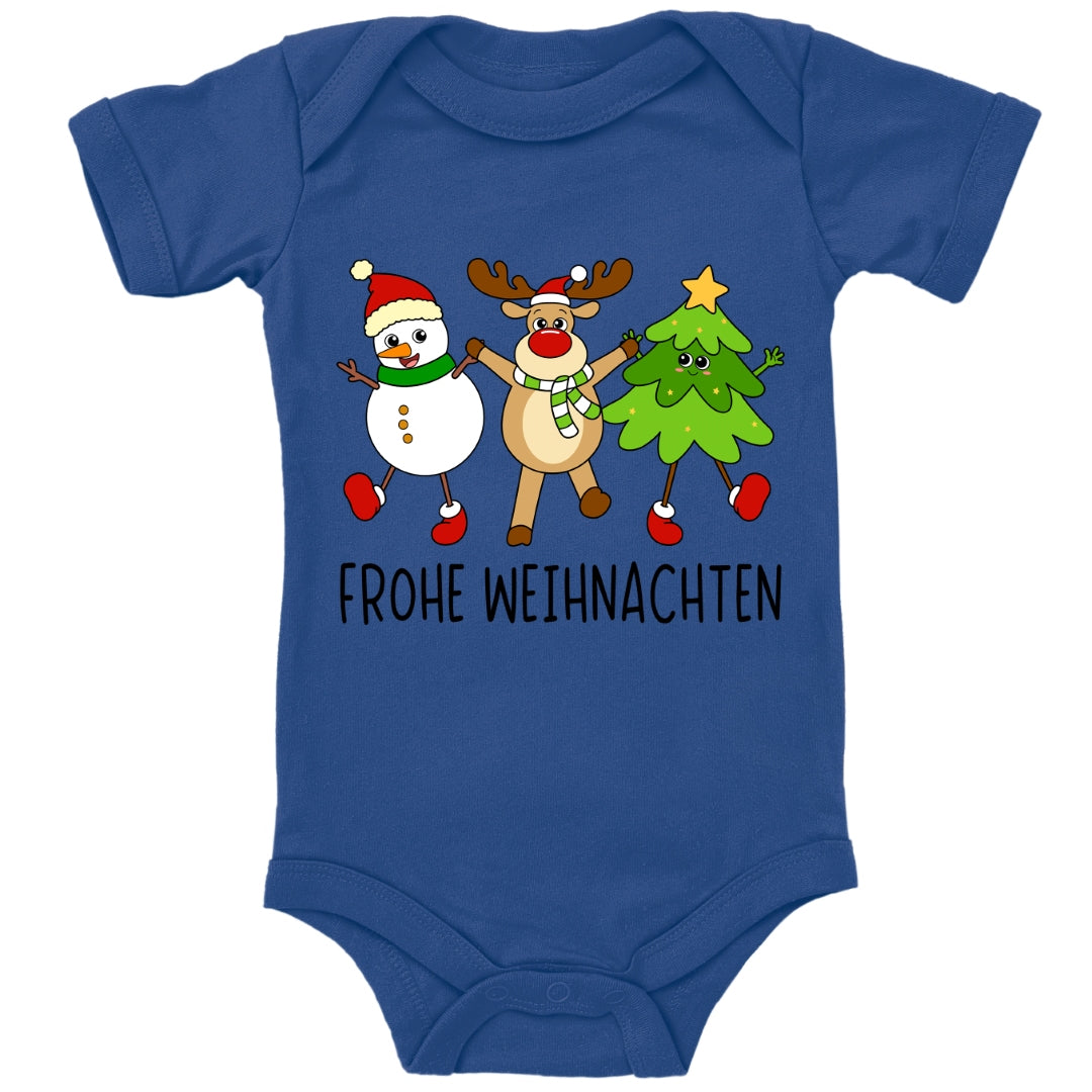 Schneemann, Elch und Tannenbaum wünschen frohe Weihnachten