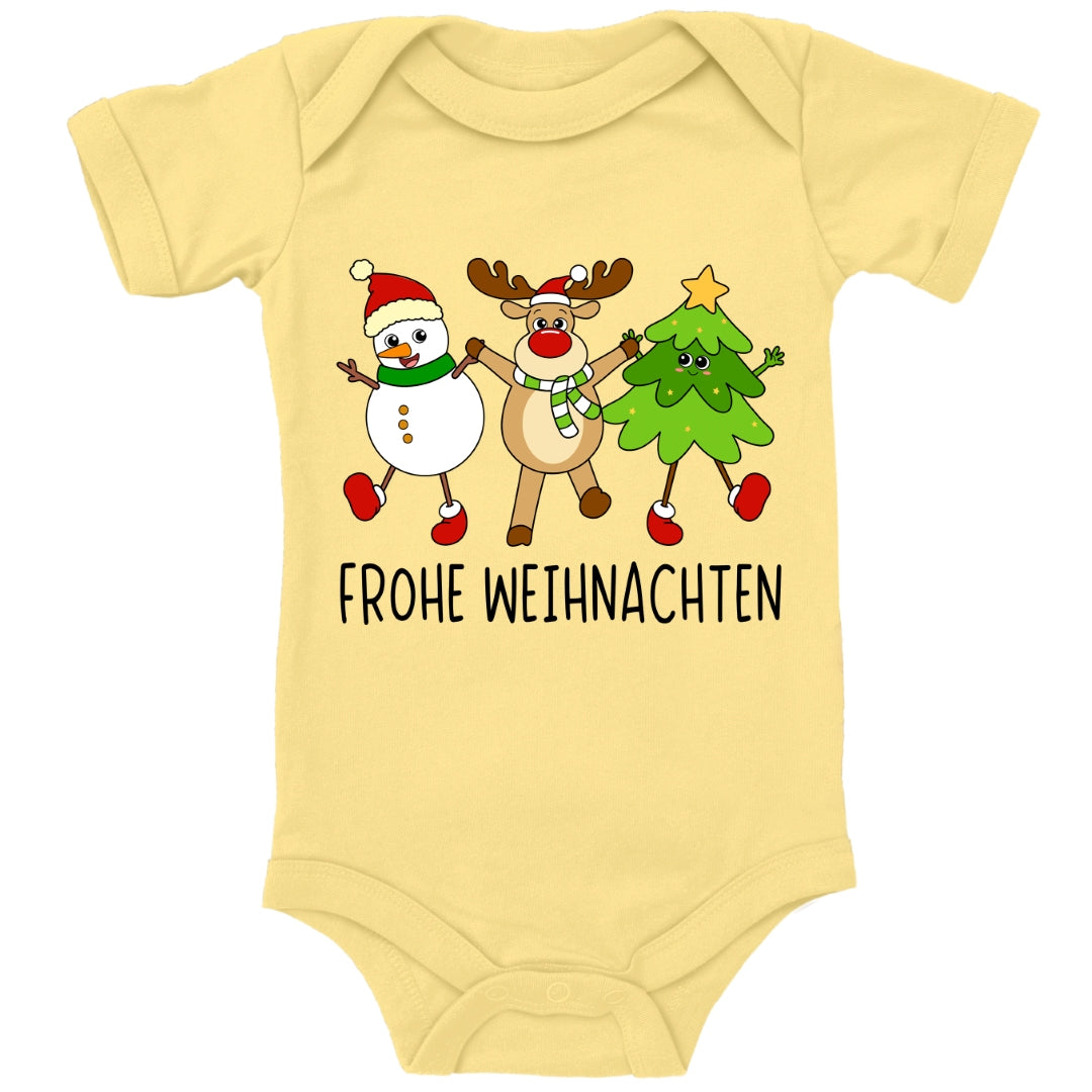 Schneemann, Elch und Tannenbaum wünschen frohe Weihnachten