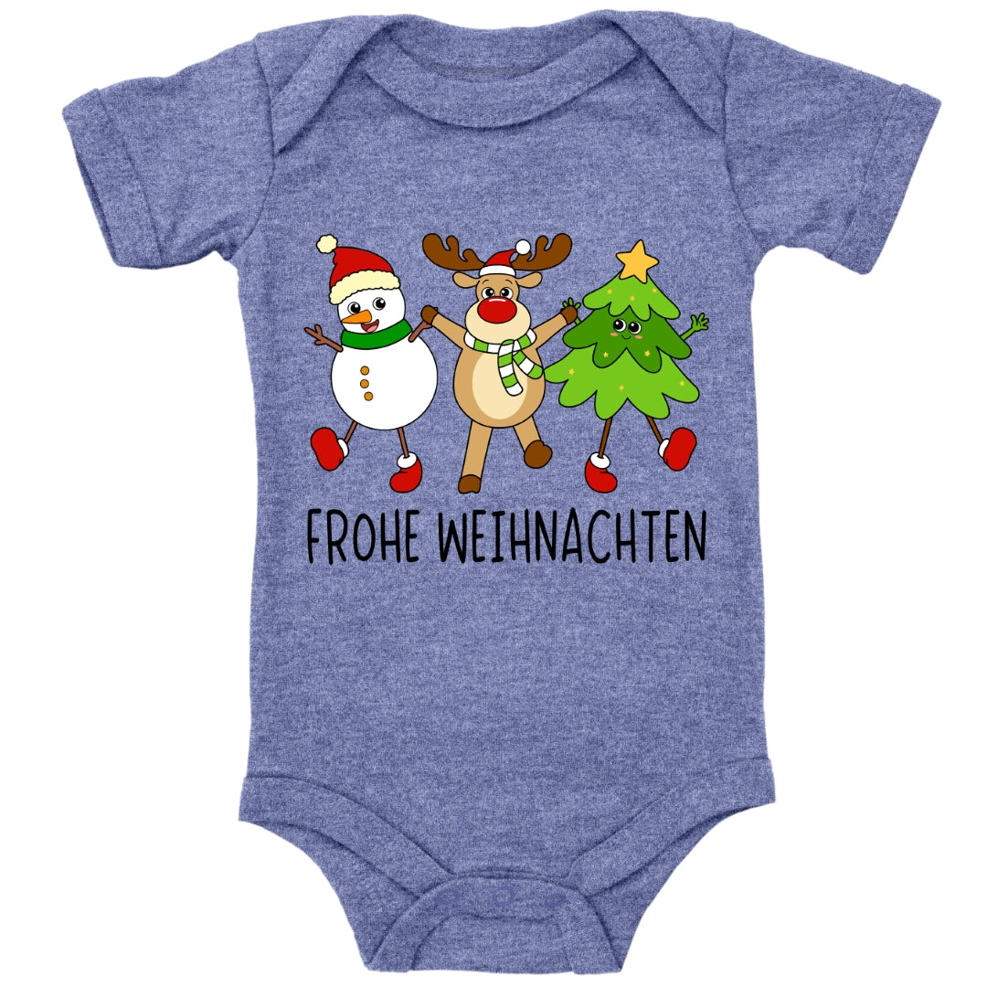 Schneemann, Elch und Tannenbaum wünschen frohe Weihnachten