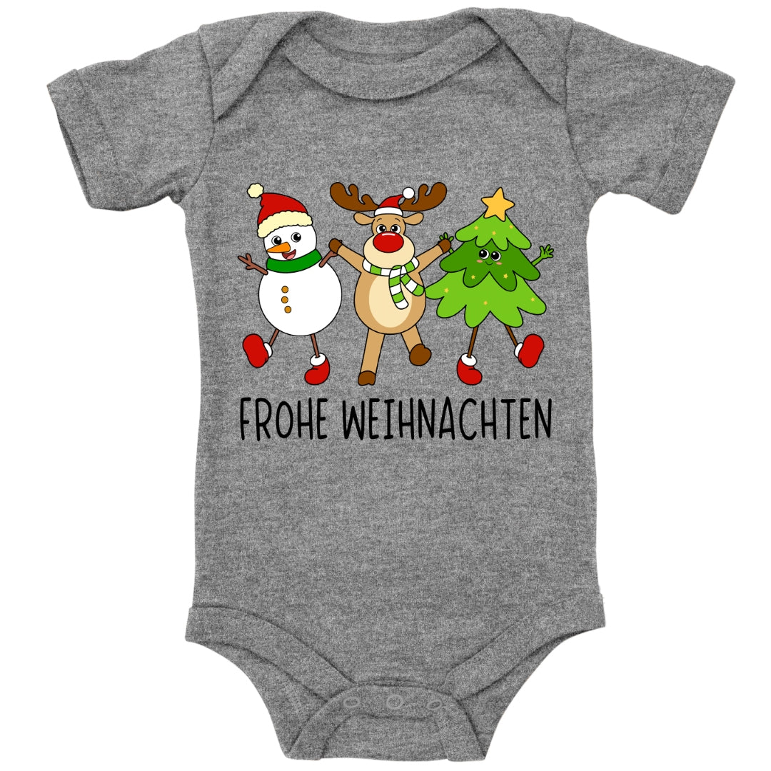 Schneemann, Elch und Tannenbaum wünschen frohe Weihnachten