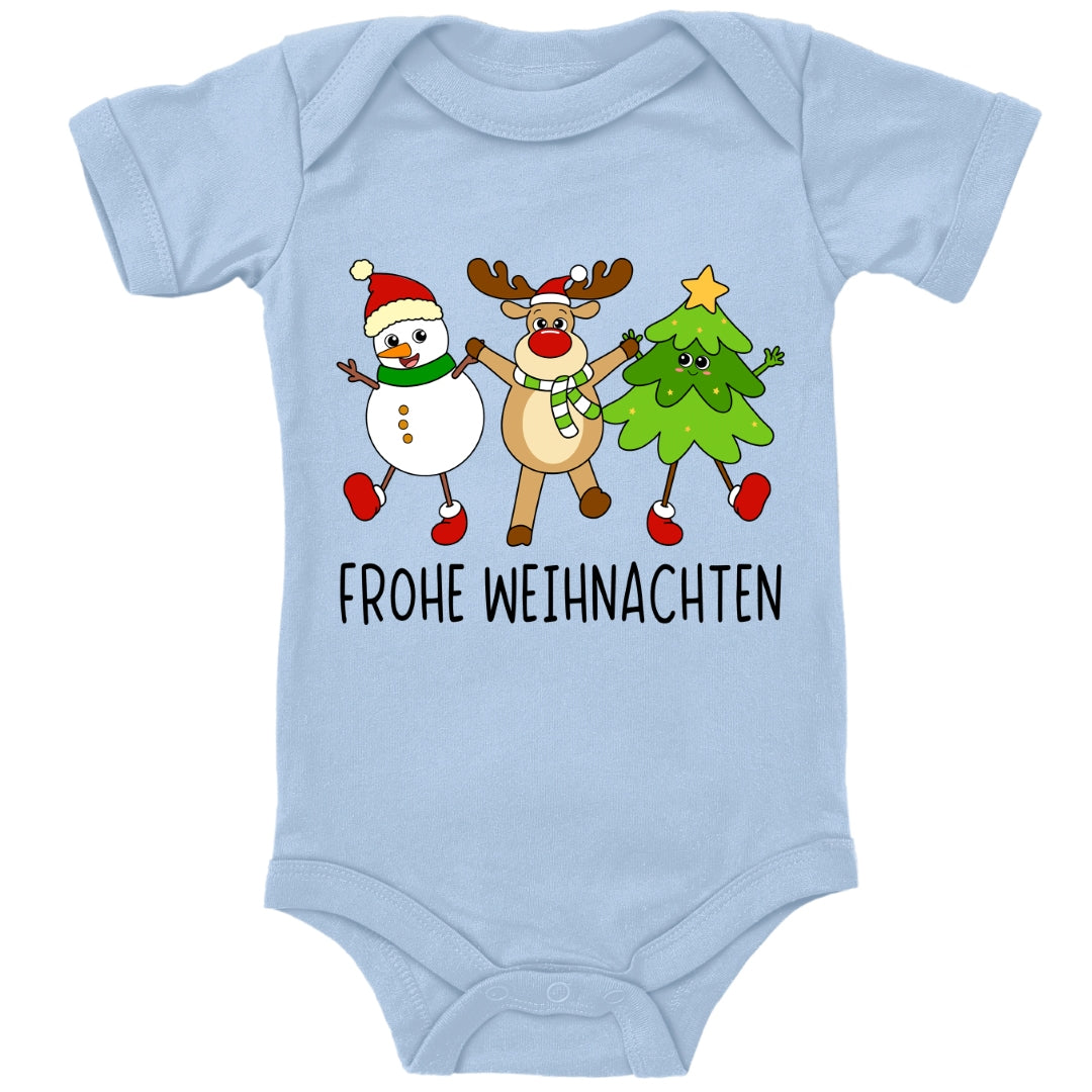 Schneemann, Elch und Tannenbaum wünschen frohe Weihnachten