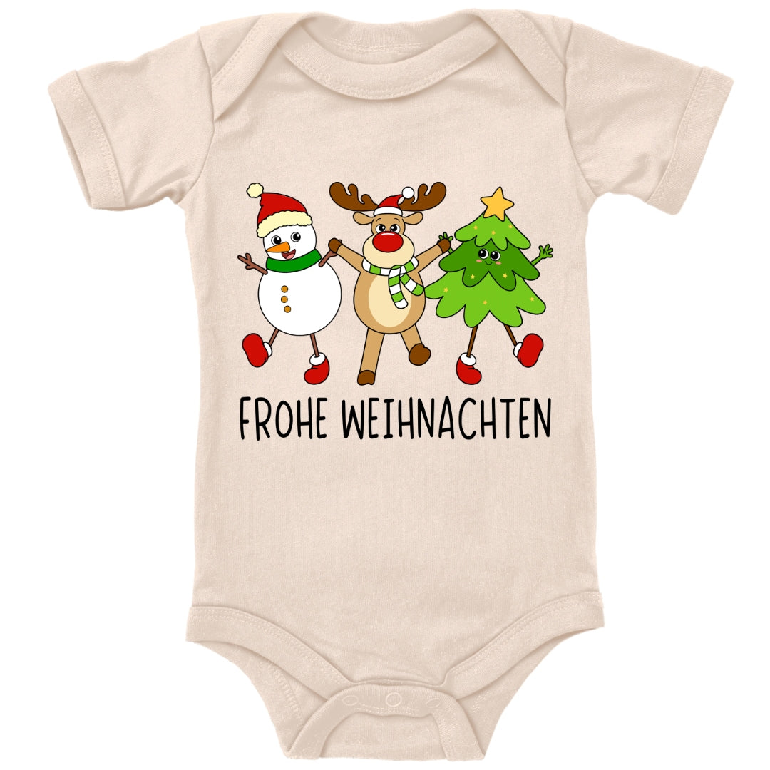 Schneemann, Elch und Tannenbaum wünschen frohe Weihnachten