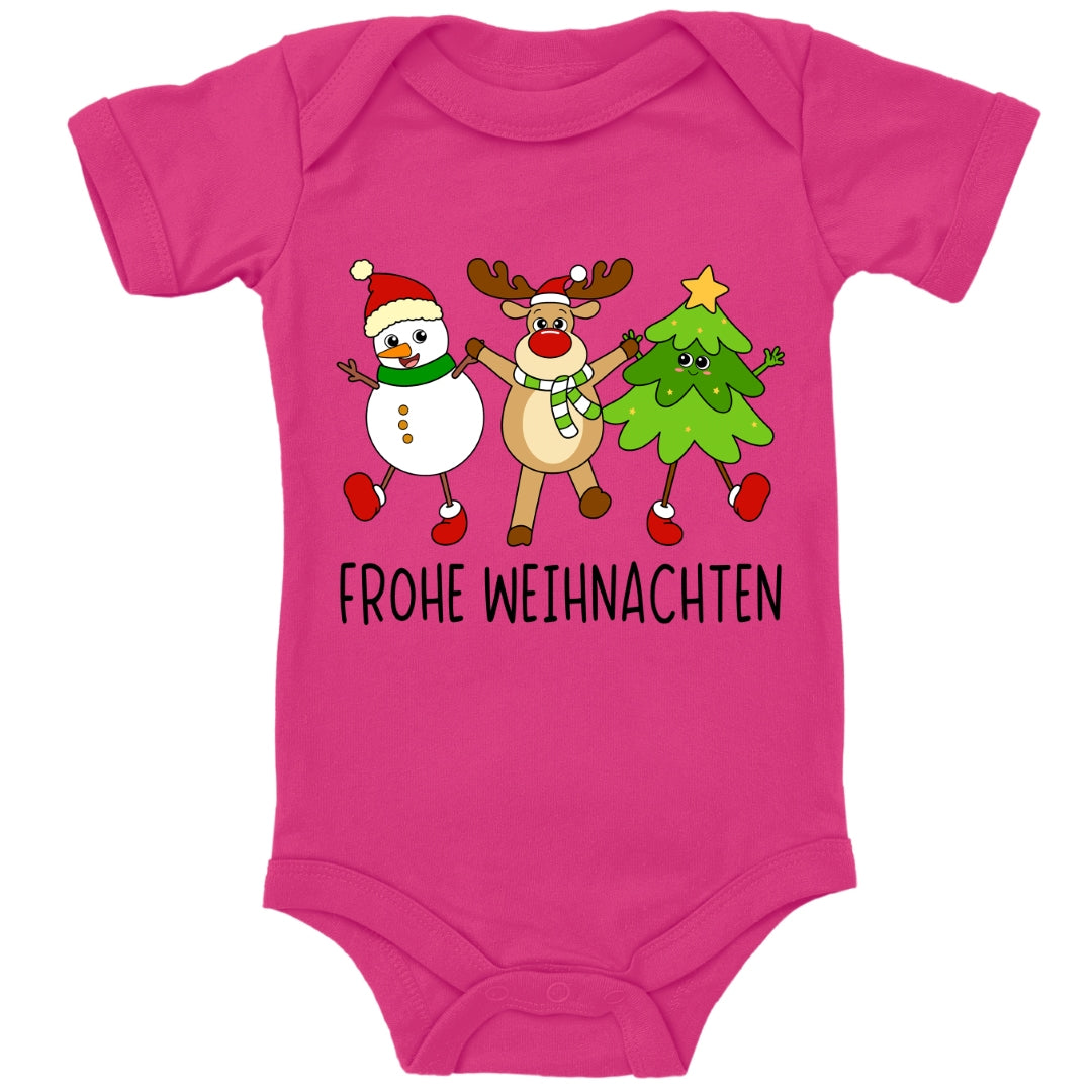 Schneemann, Elch und Tannenbaum wünschen frohe Weihnachten