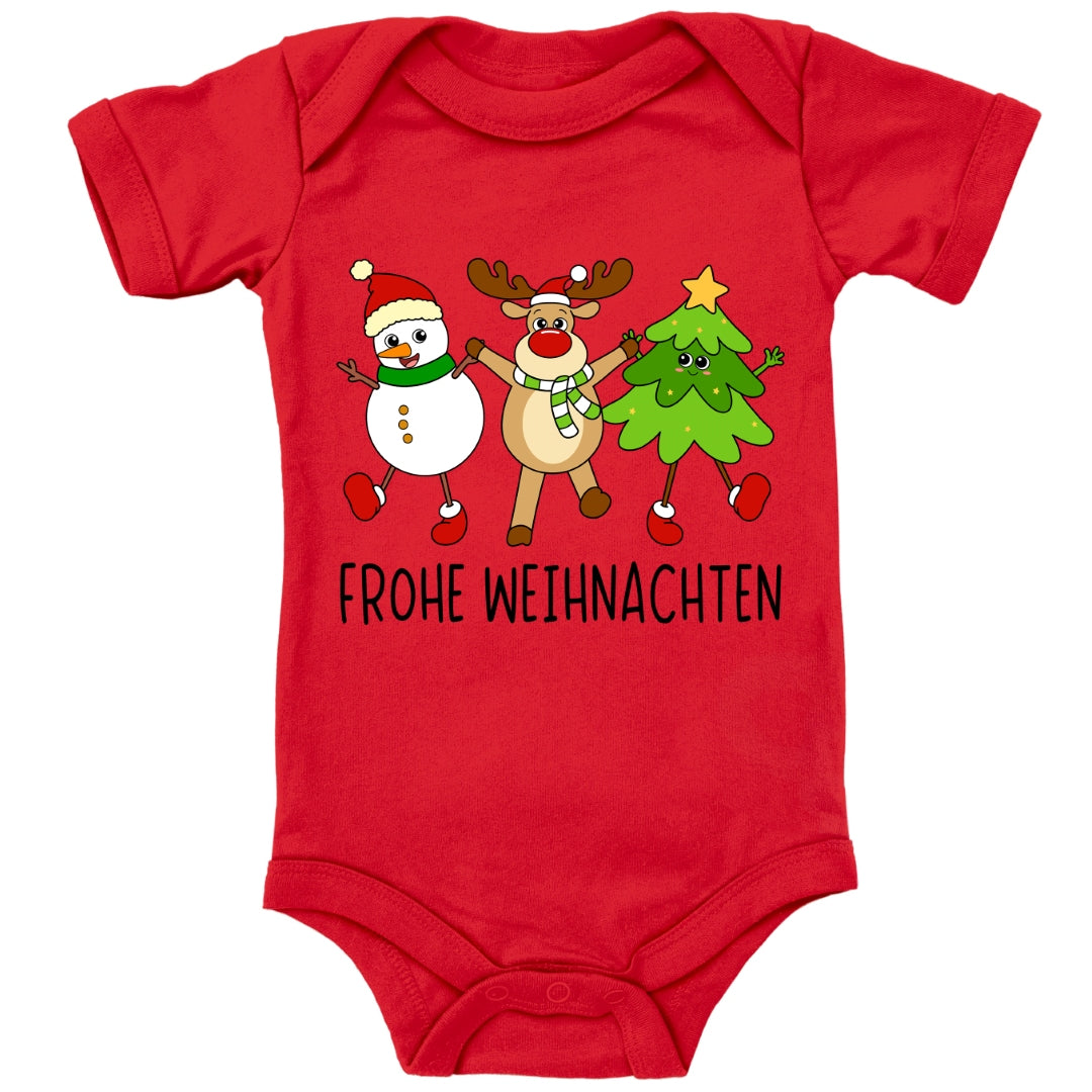 Schneemann, Elch und Tannenbaum wünschen frohe Weihnachten