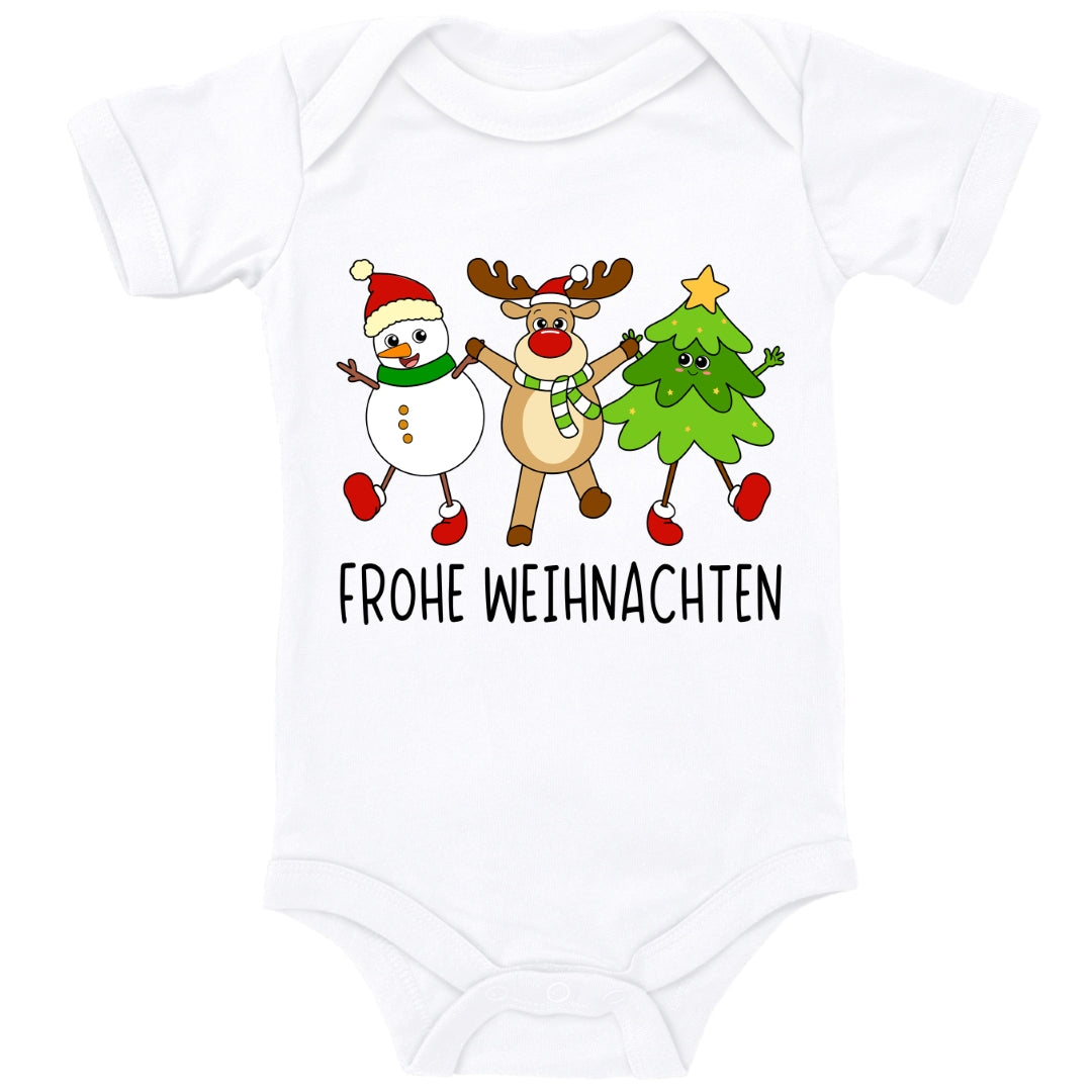 Schneemann, Elch und Tannenbaum wünschen frohe Weihnachten