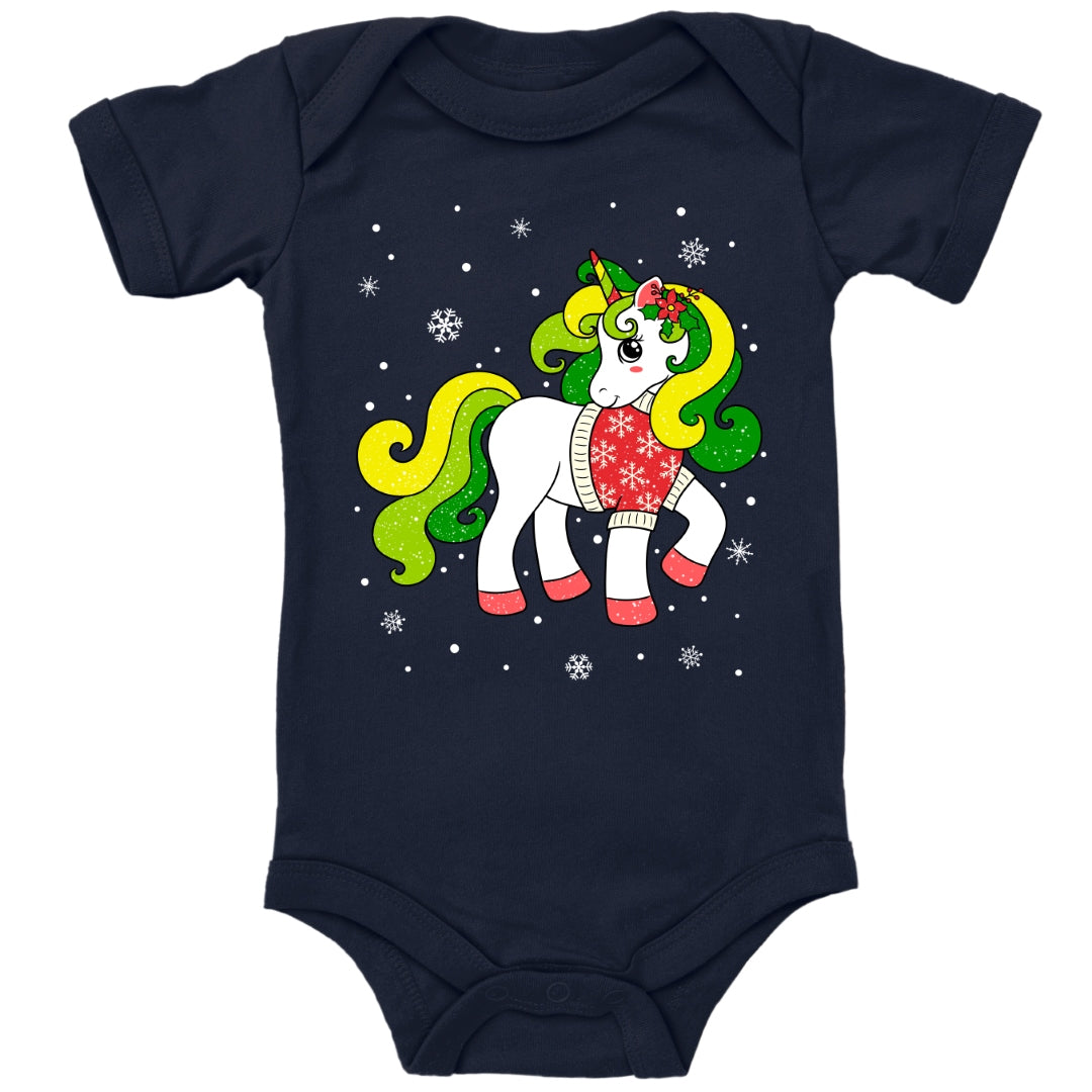 Weihnachtliches Glitzer Einhorn, Weihnachts-Unicorn mit Schneeflocken
