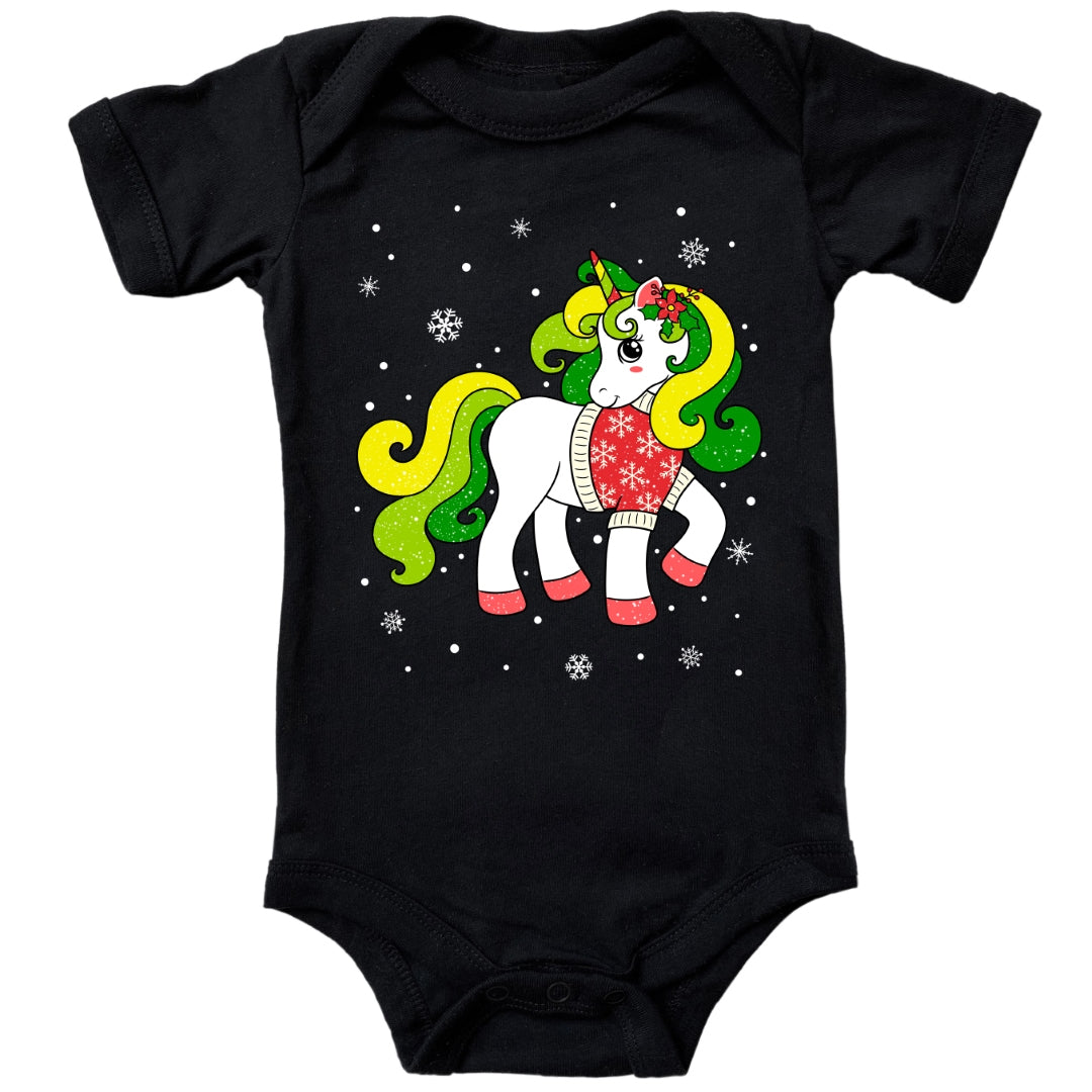 Weihnachtliches Glitzer Einhorn, Weihnachts-Unicorn mit Schneeflocken