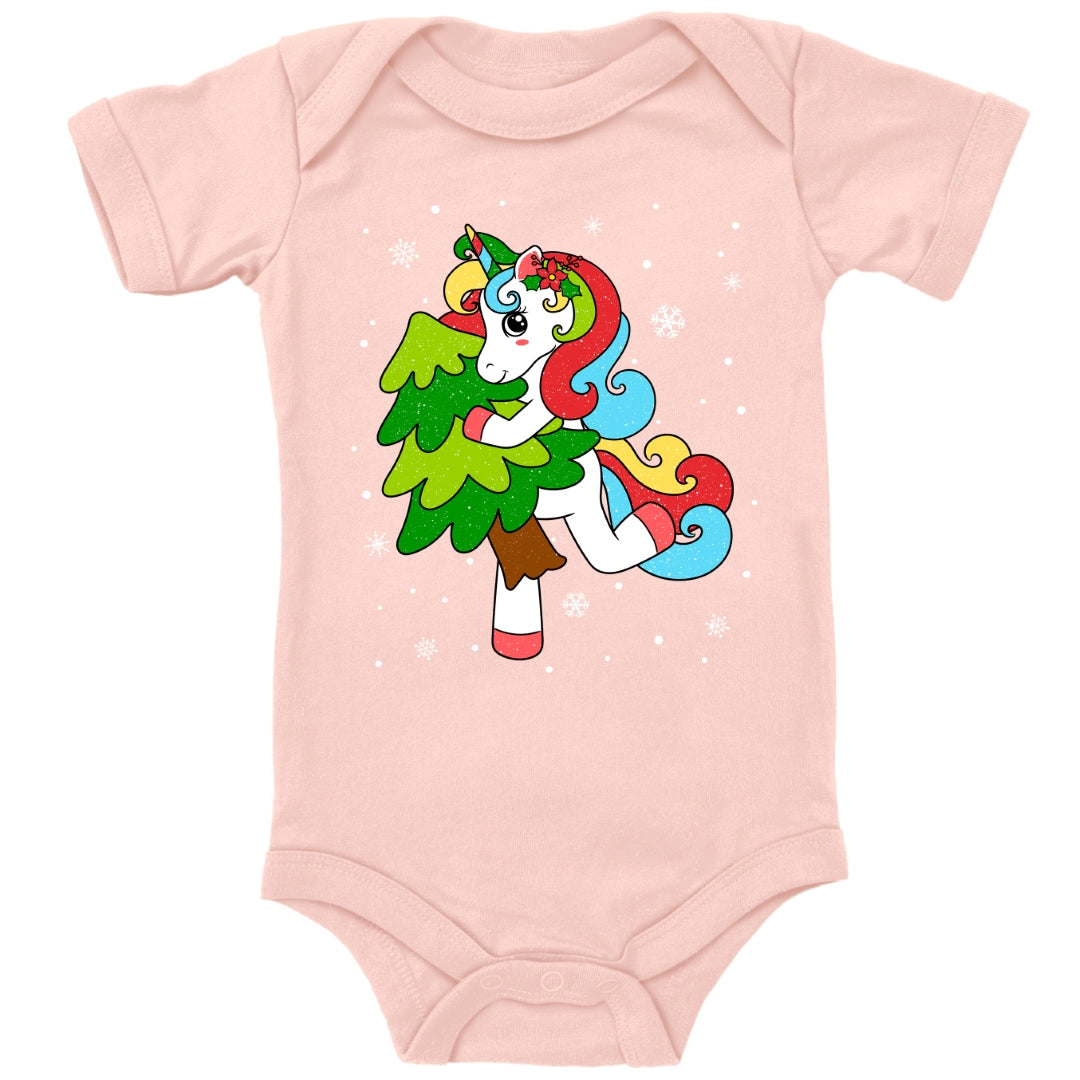 Weihnachtliches Glitzer Einhorn, Weihnachts-Unicorn tanzt mit Tannenbaum