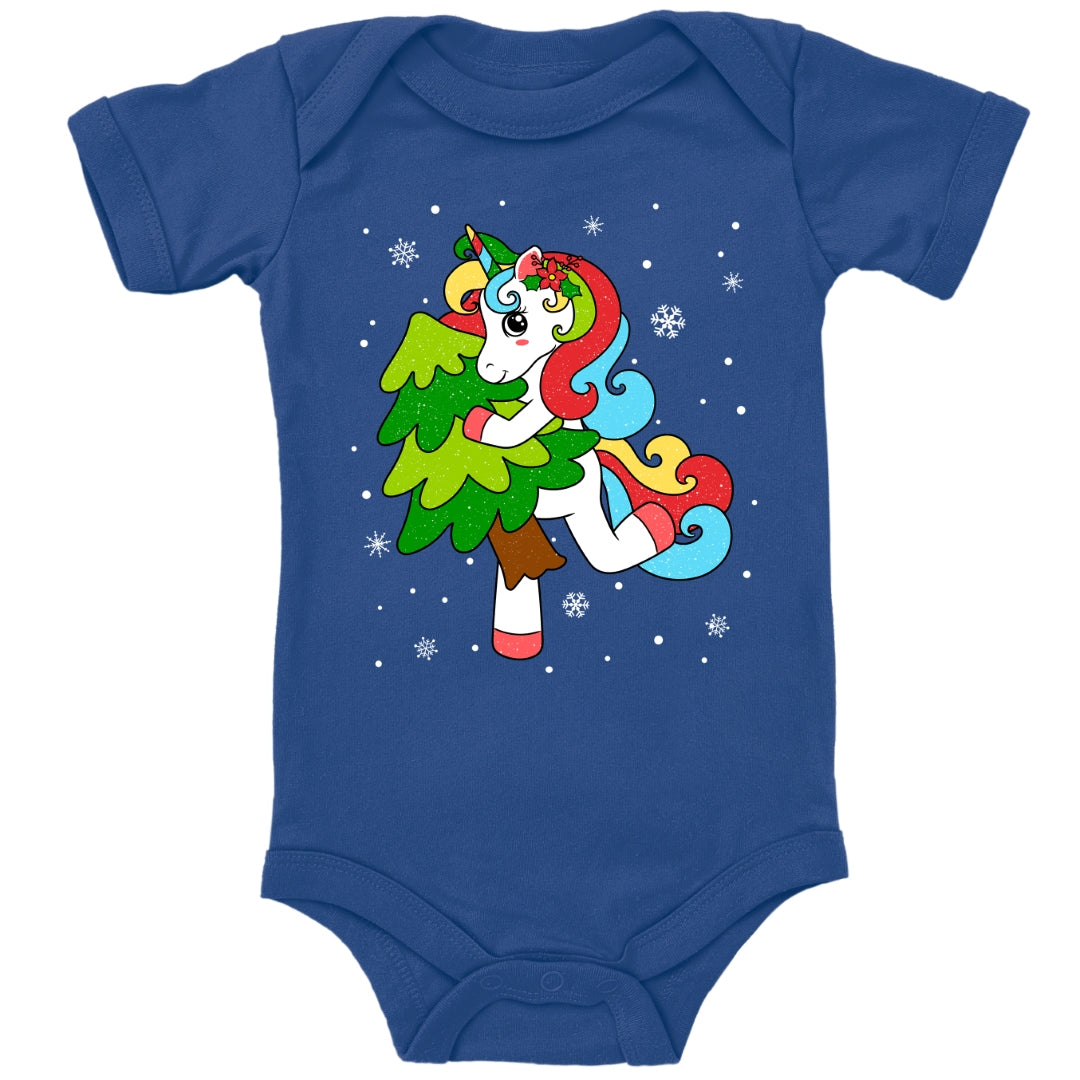 Weihnachtliches Glitzer Einhorn, Weihnachts-Unicorn tanzt mit Tannenbaum