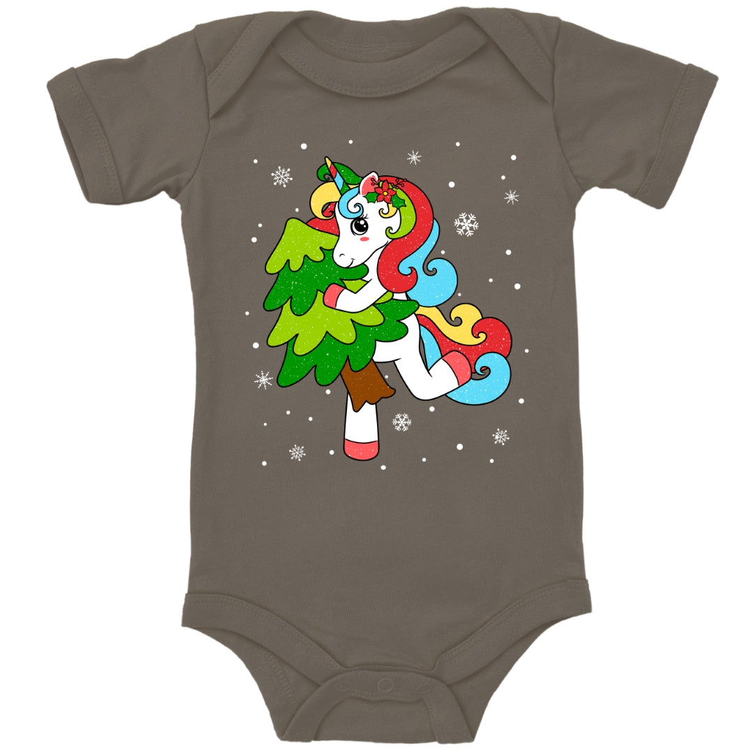 Weihnachtliches Glitzer Einhorn, Weihnachts-Unicorn tanzt mit Tannenbaum