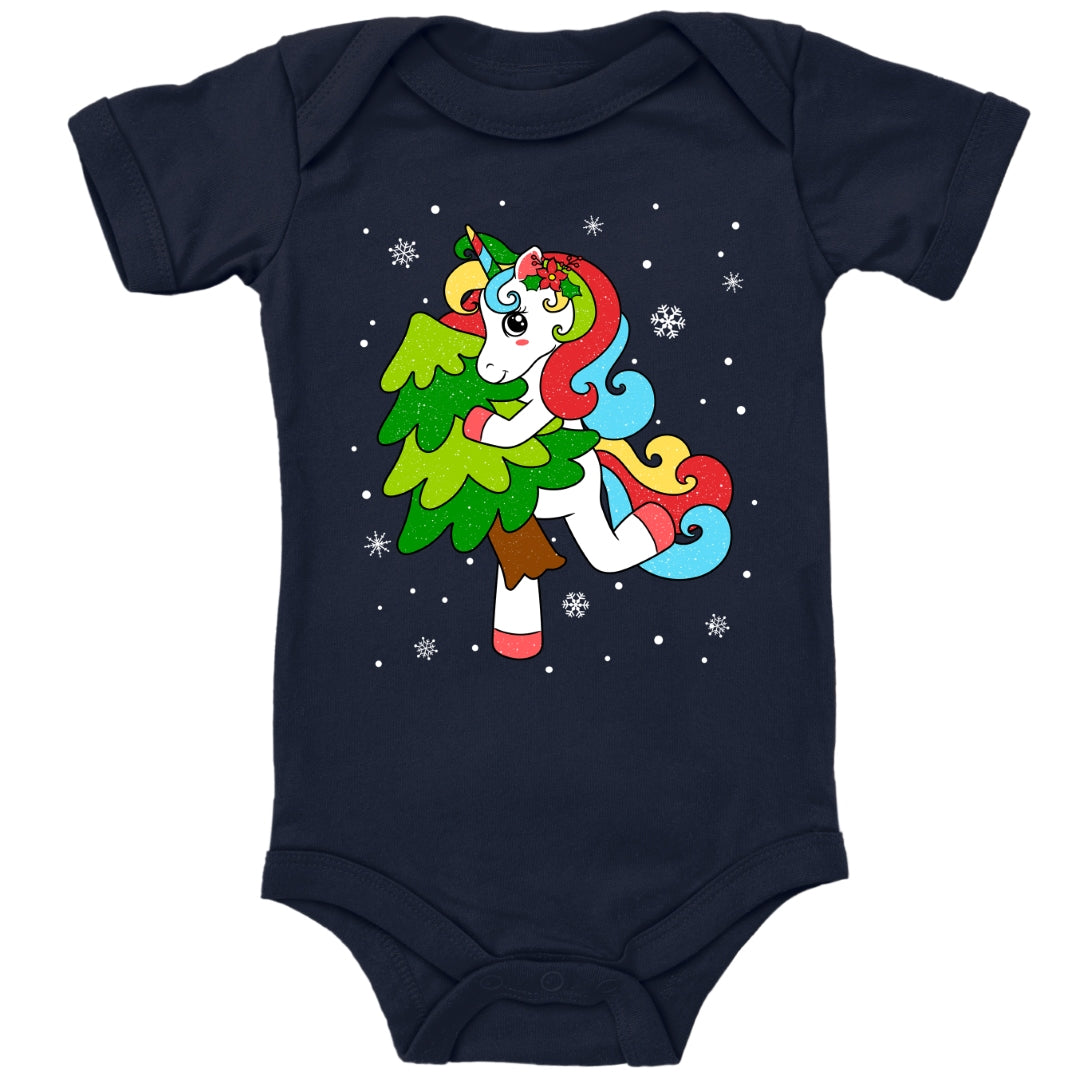 Weihnachtliches Glitzer Einhorn, Weihnachts-Unicorn tanzt mit Tannenbaum