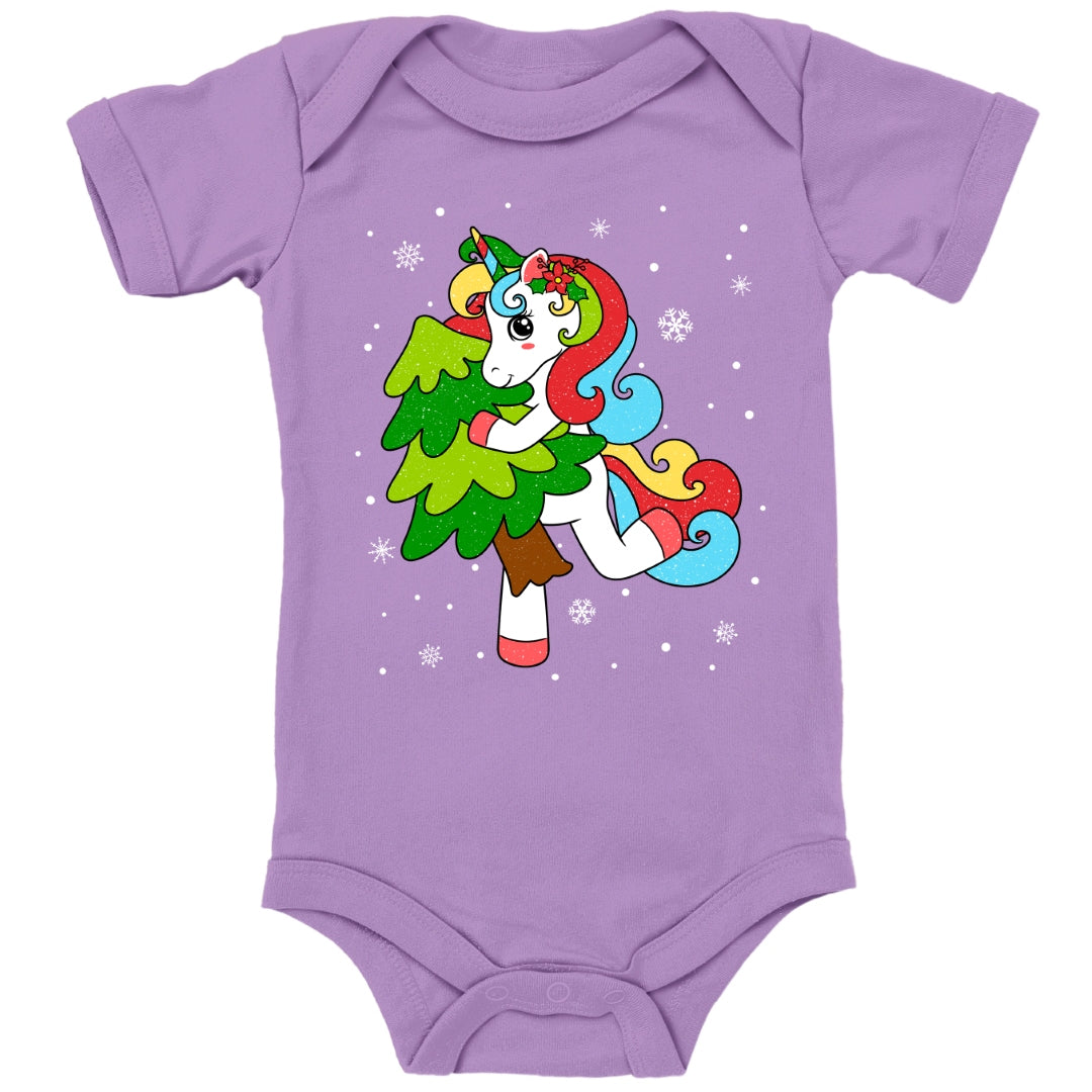 Weihnachtliches Glitzer Einhorn, Weihnachts-Unicorn tanzt mit Tannenbaum