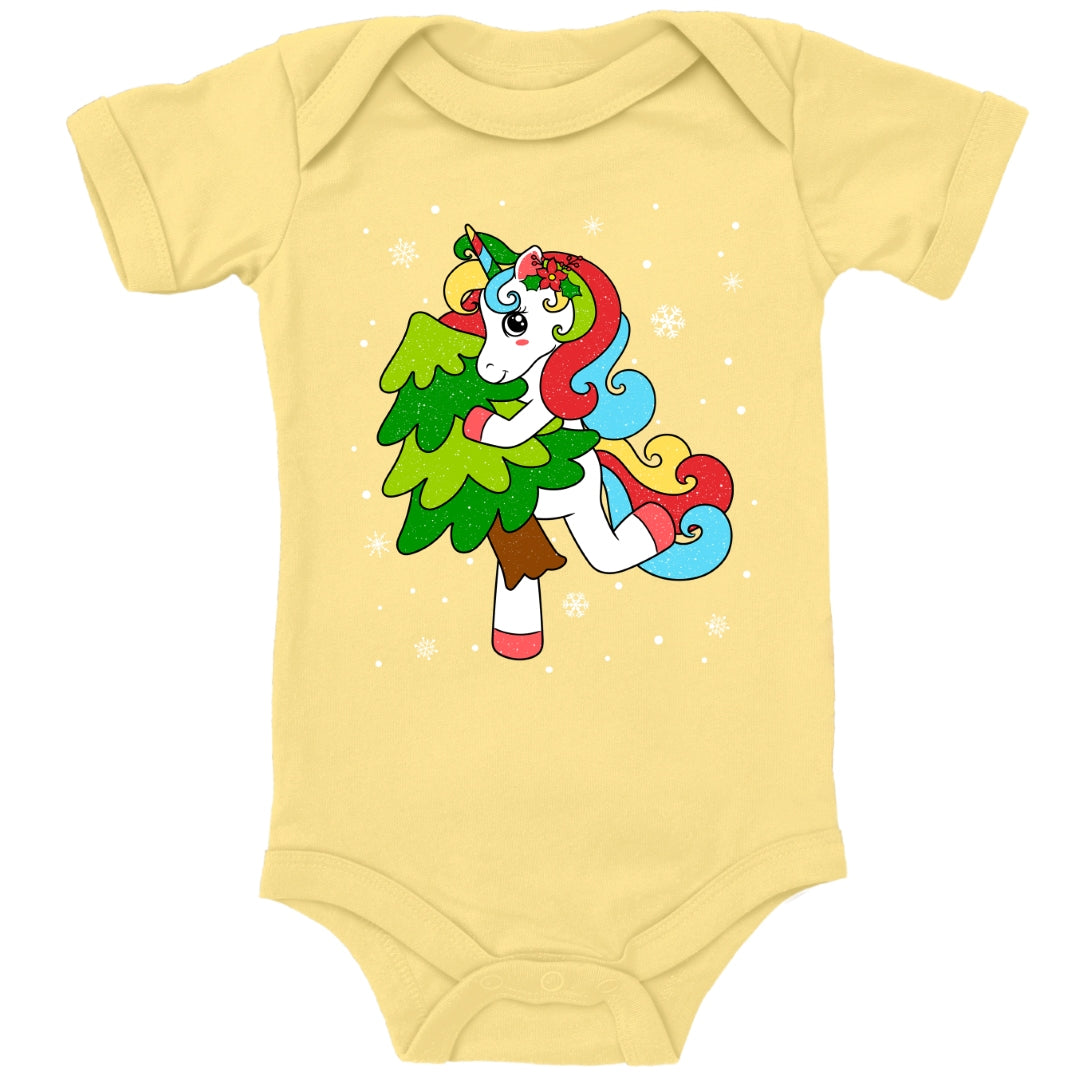 Weihnachtliches Glitzer Einhorn, Weihnachts-Unicorn tanzt mit Tannenbaum