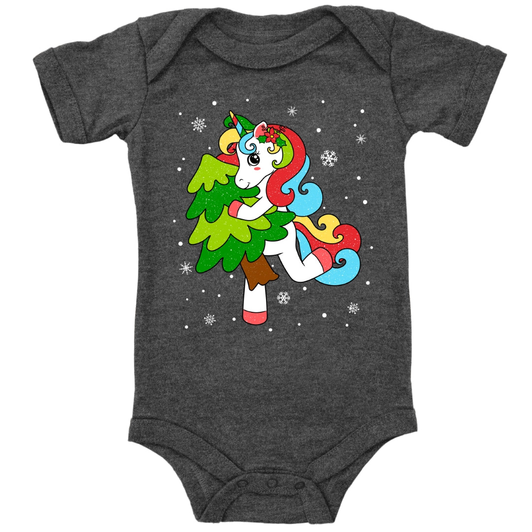 Weihnachtliches Glitzer Einhorn, Weihnachts-Unicorn tanzt mit Tannenbaum