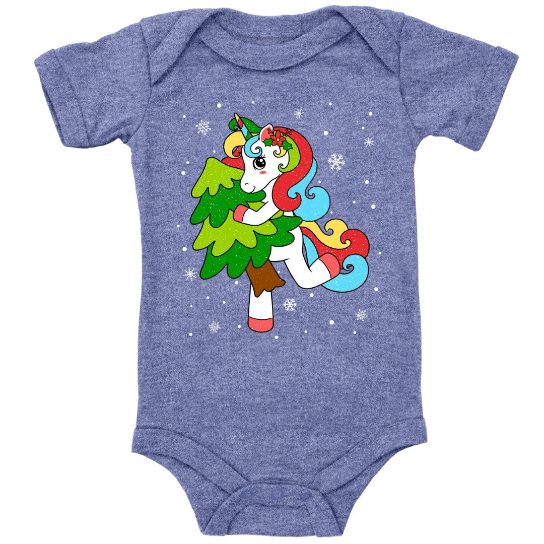 Weihnachtliches Glitzer Einhorn, Weihnachts-Unicorn tanzt mit Tannenbaum