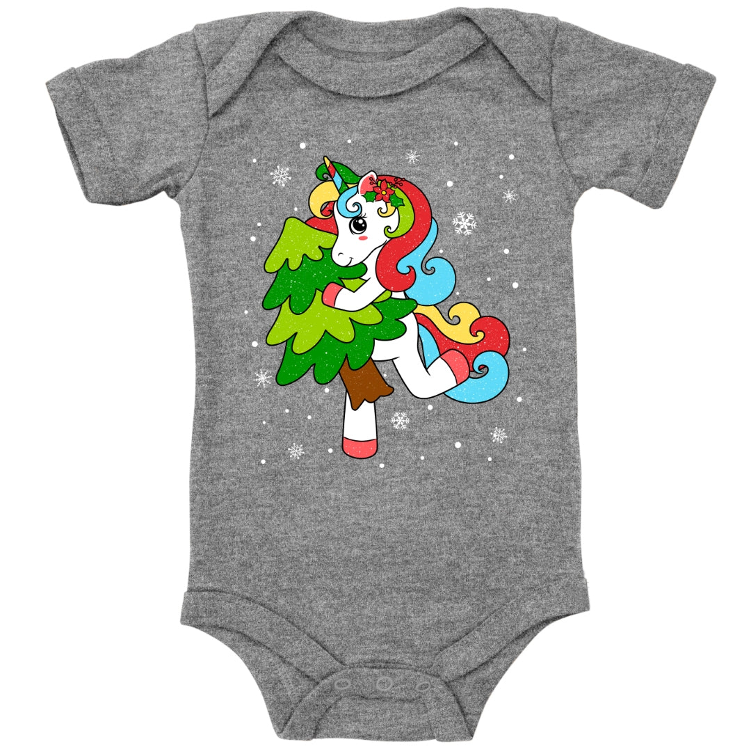 Weihnachtliches Glitzer Einhorn, Weihnachts-Unicorn tanzt mit Tannenbaum