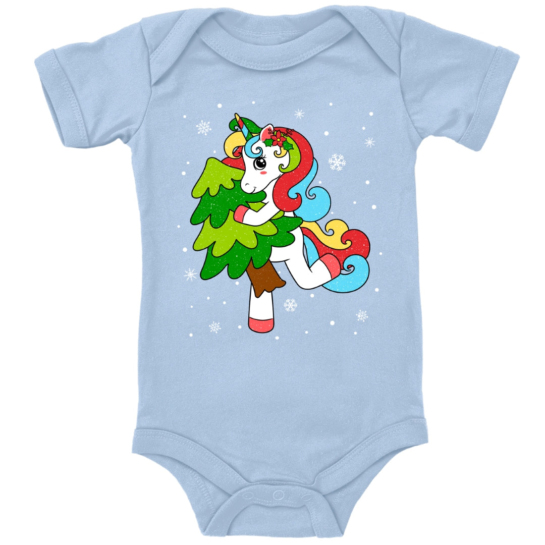 Weihnachtliches Glitzer Einhorn, Weihnachts-Unicorn tanzt mit Tannenbaum