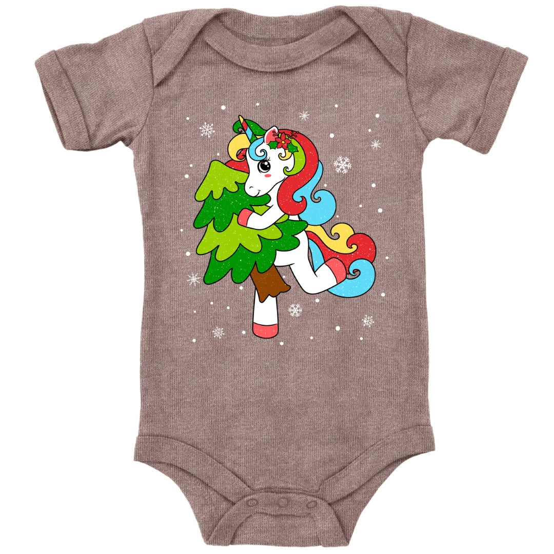 Weihnachtliches Glitzer Einhorn, Weihnachts-Unicorn tanzt mit Tannenbaum