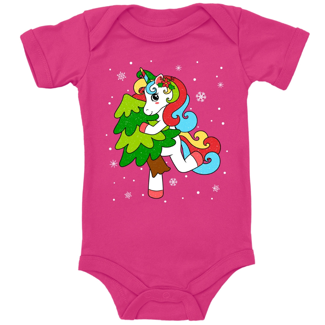 Weihnachtliches Glitzer Einhorn, Weihnachts-Unicorn tanzt mit Tannenbaum