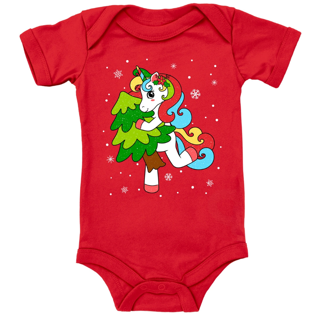 Weihnachtliches Glitzer Einhorn, Weihnachts-Unicorn tanzt mit Tannenbaum