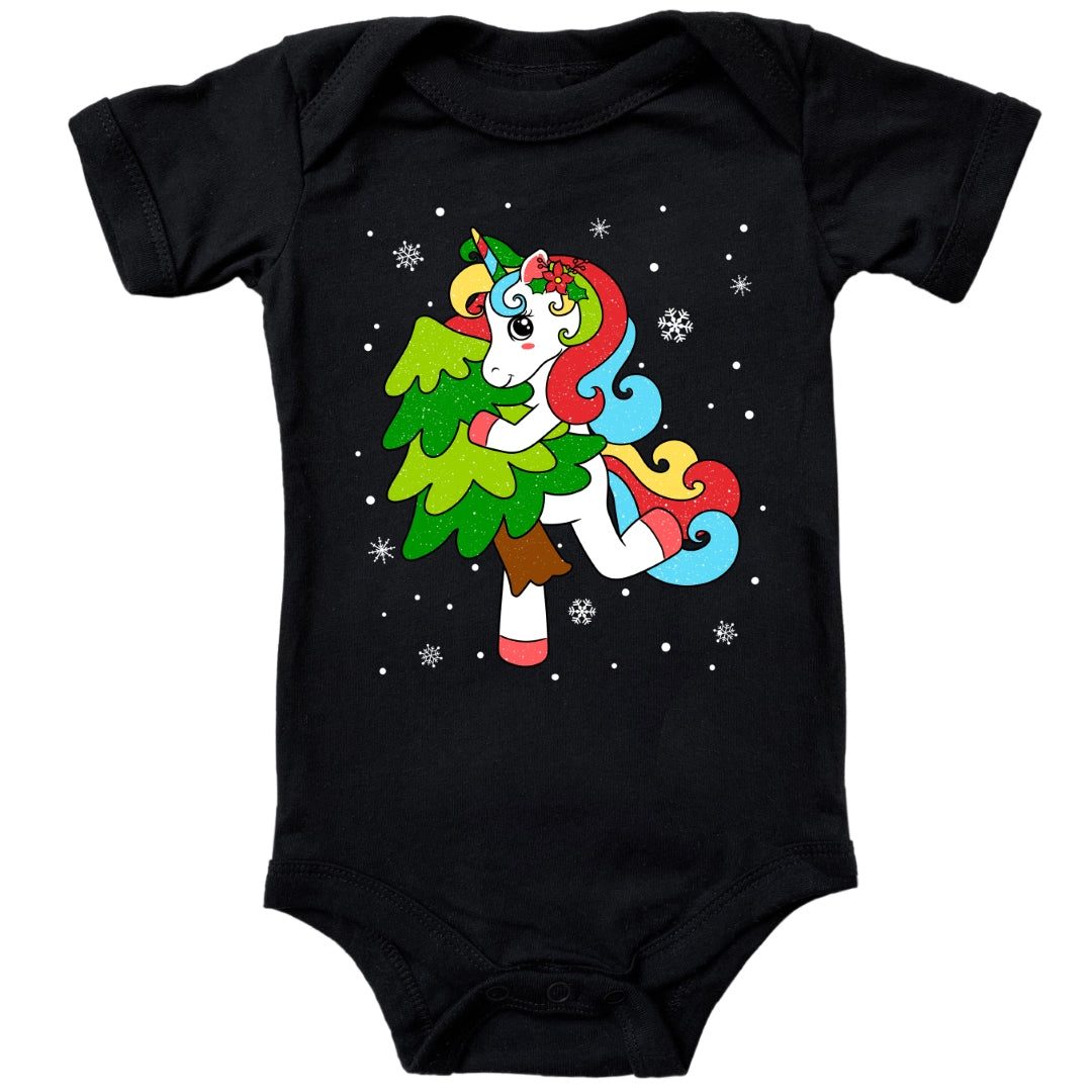 Weihnachtliches Glitzer Einhorn, Weihnachts-Unicorn tanzt mit Tannenbaum