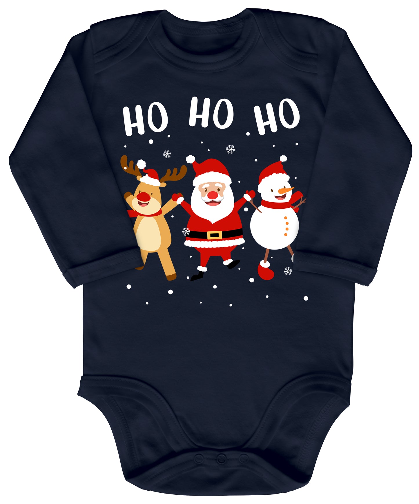 Ho Ho Ho, Weihnachtsmann, Schneemann und Elch tanzen im Schnee