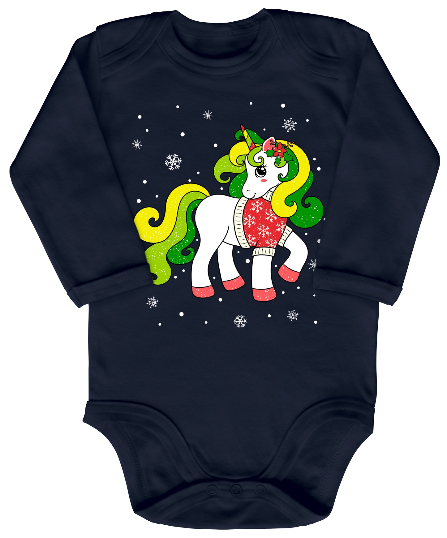 Weihnachtliches Glitzer Einhorn, Weihnachts-Unicorn mit Schneeflocken