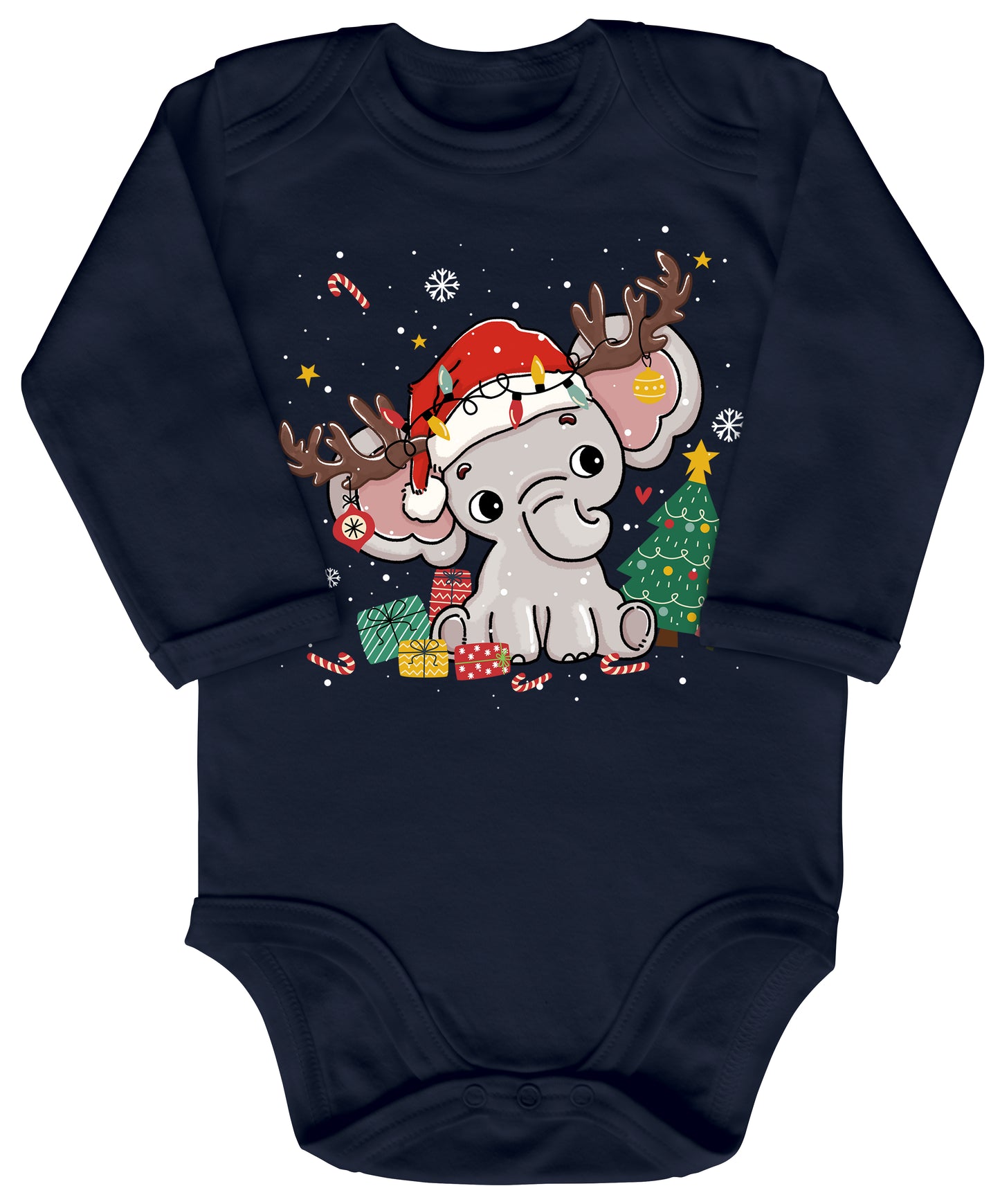 Süßer Elefant mit Rentier Geweih sitzt am Tannenbaum und bekommt Geschenke