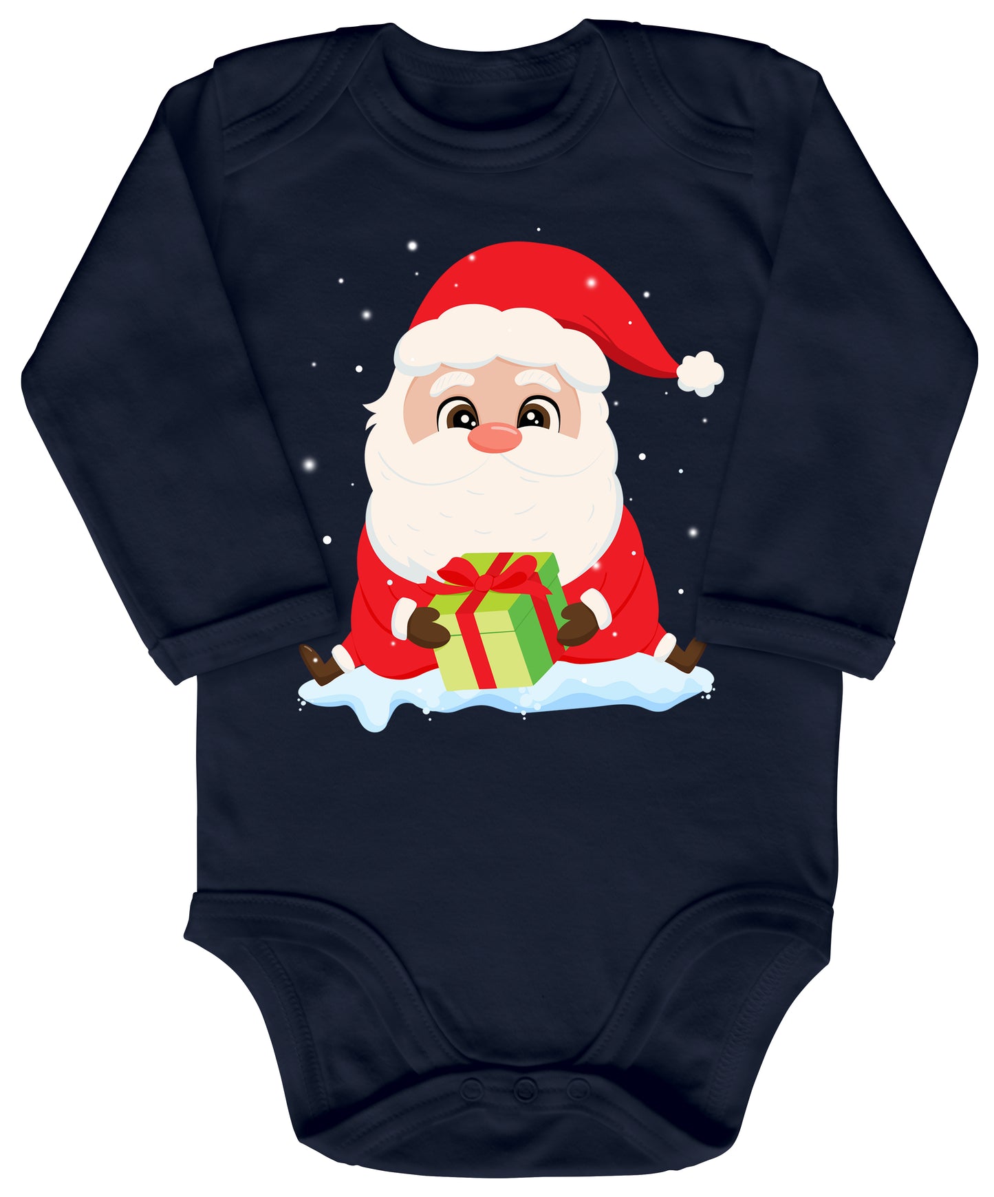 Niedlicher Weihnachtsmann sitzt im Schnee und bringt ein Geschenk