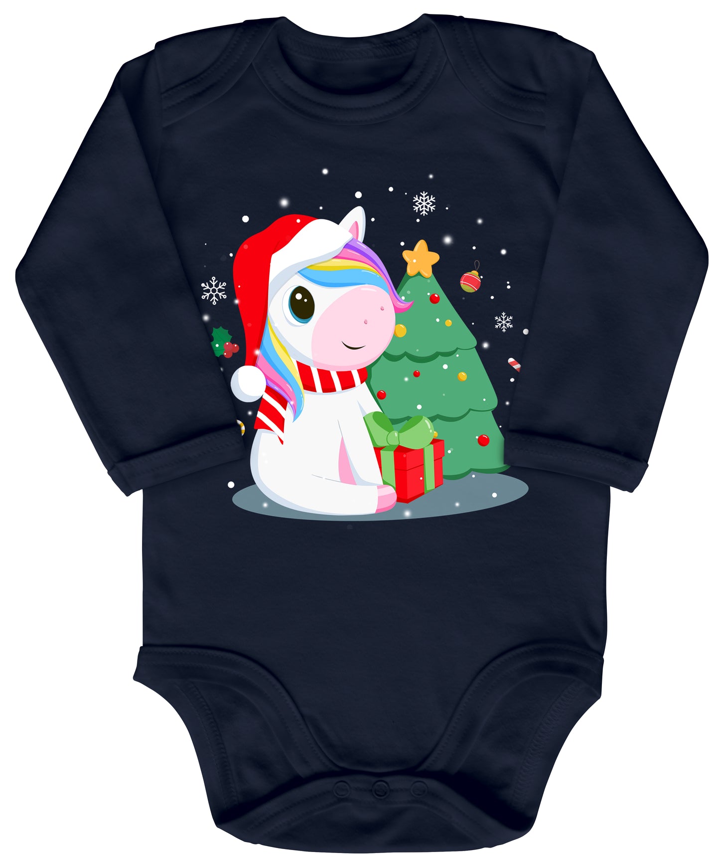 Einhorn sitzt am Tannenbaum und freut sich über ein Geschenk