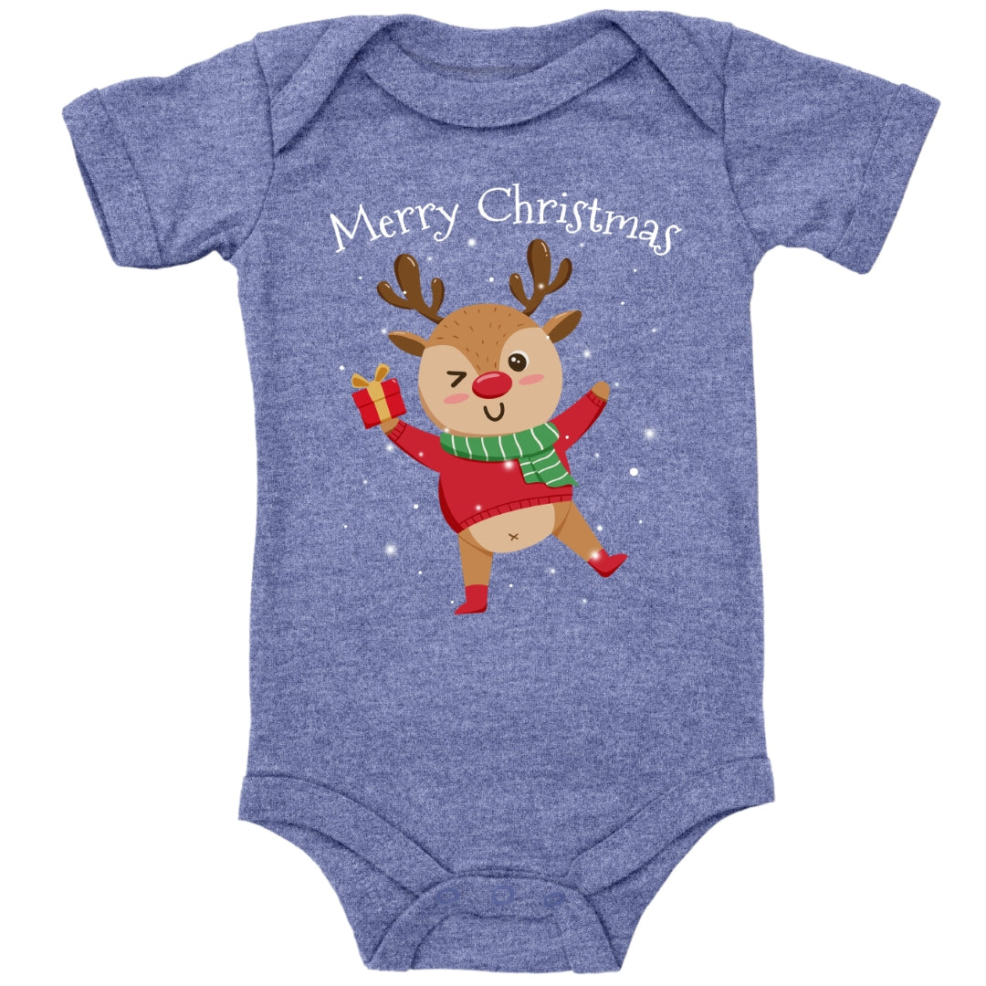 Merry Christmas, fröhliches Rentier tanzt im Schnee