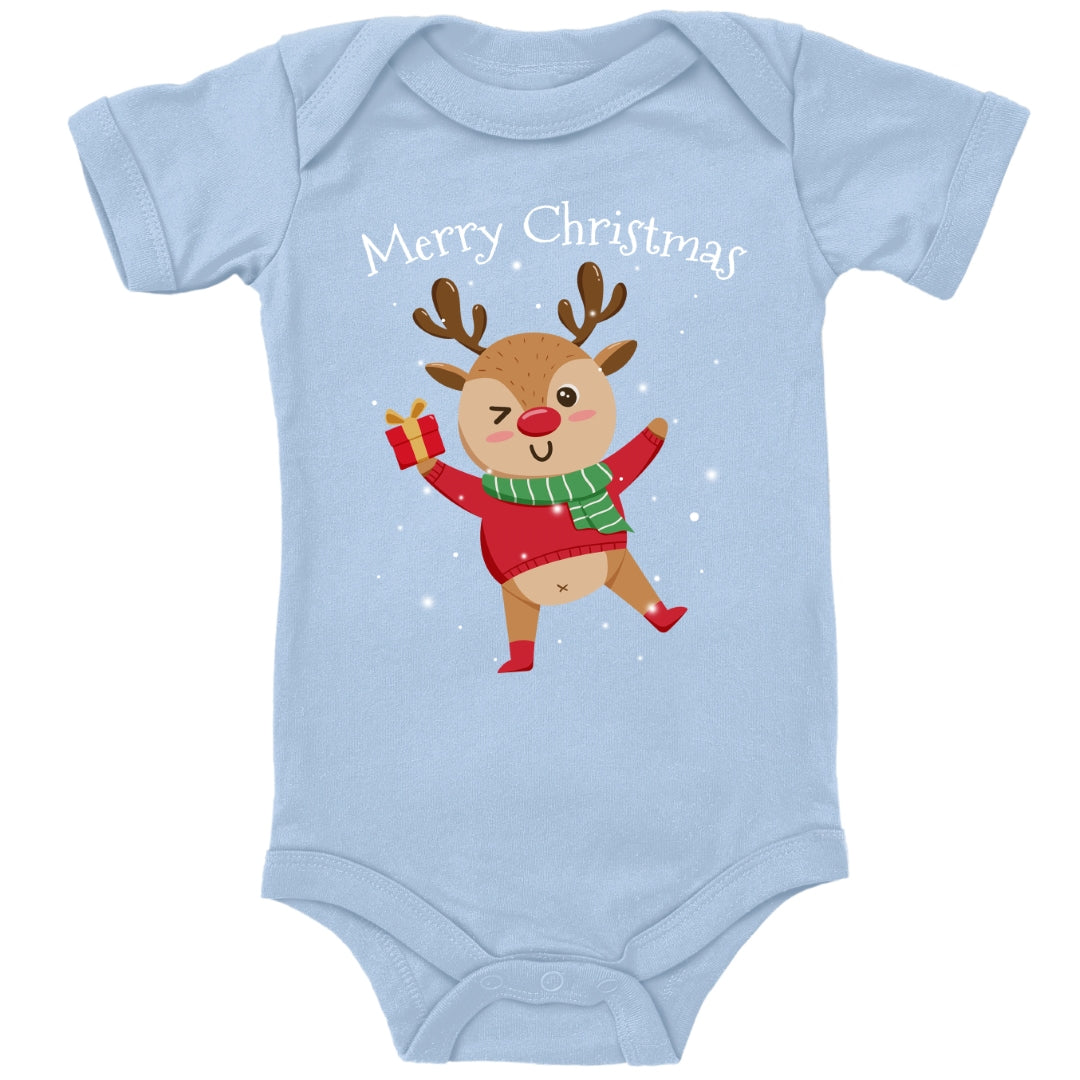 Merry Christmas, fröhliches Rentier tanzt im Schnee