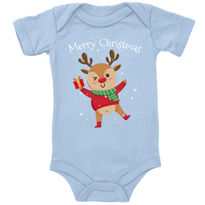 Merry Christmas, fröhliches Rentier tanzt im Schnee