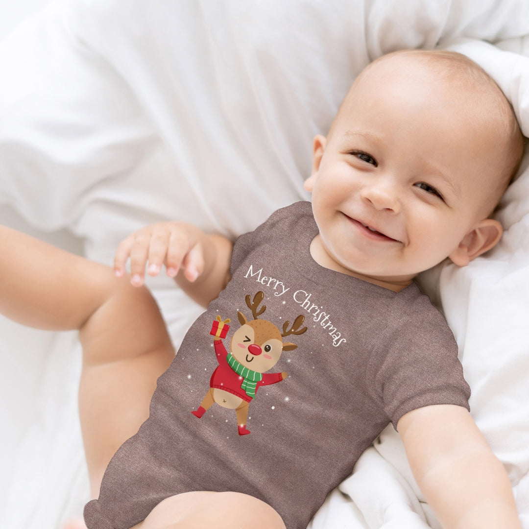 Merry Christmas, fröhliches Rentier tanzt im Schnee