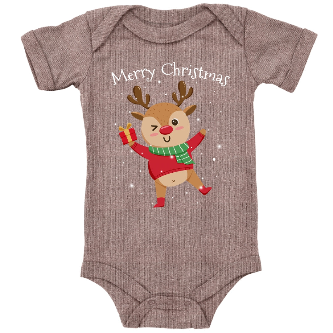 Merry Christmas, fröhliches Rentier tanzt im Schnee