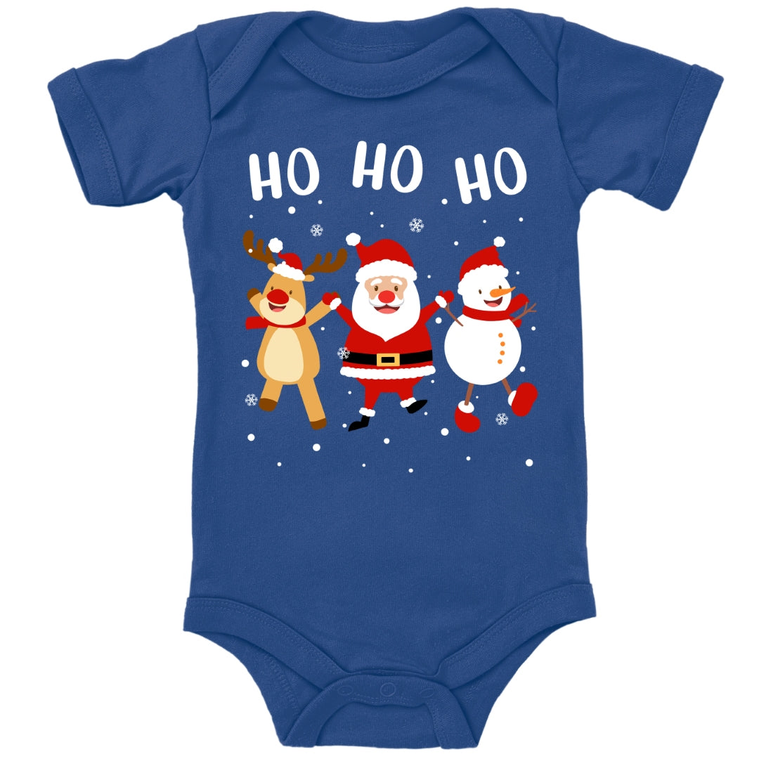 Ho Ho Ho, Weihnachtsmann, Schneemann und Elch tanzen im Schnee