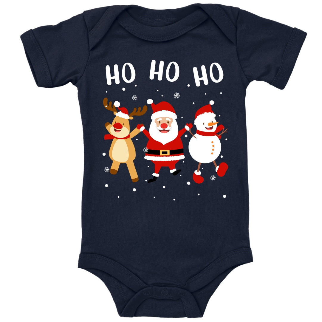 Ho Ho Ho, Weihnachtsmann, Schneemann und Elch tanzen im Schnee