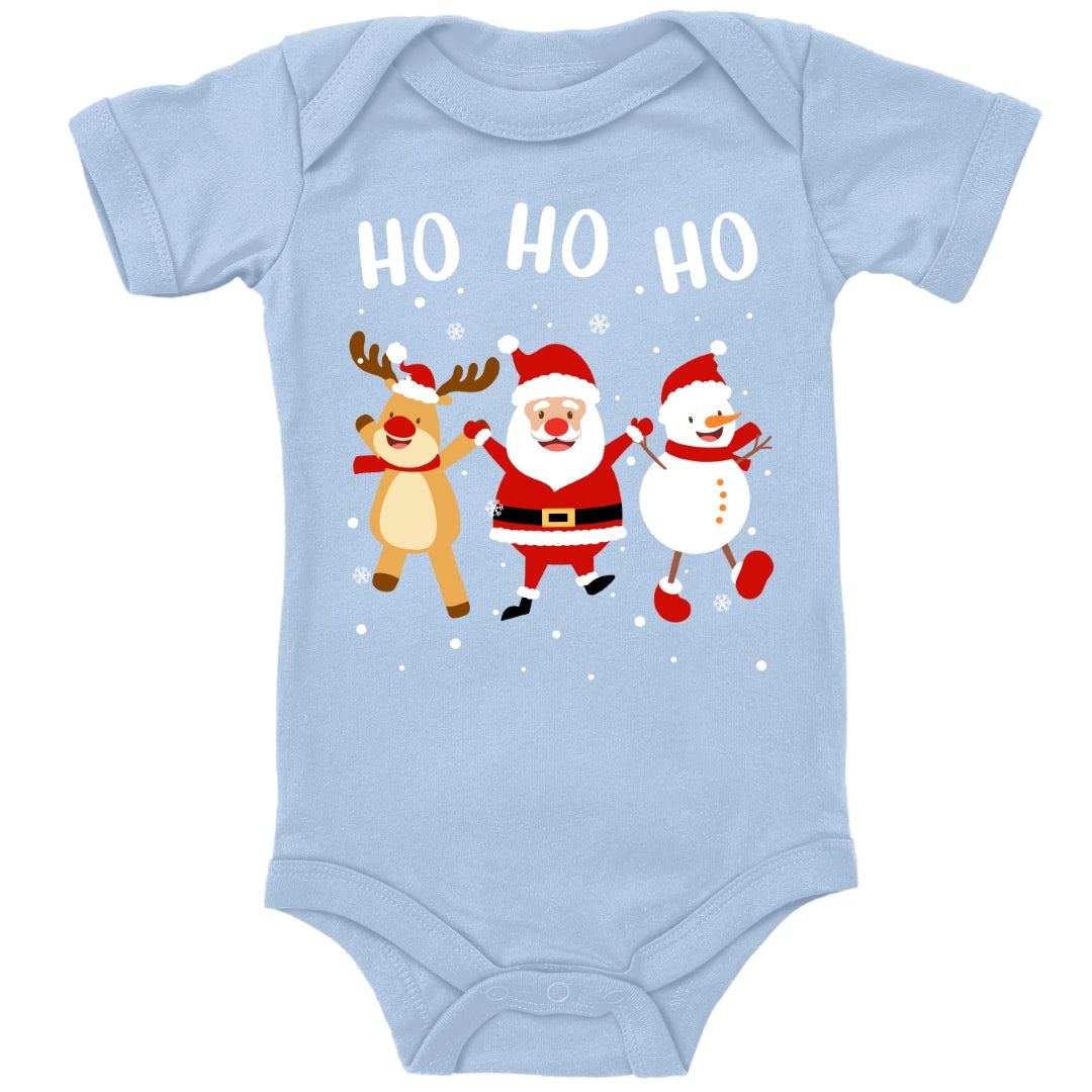 Ho Ho Ho, Weihnachtsmann, Schneemann und Elch tanzen im Schnee