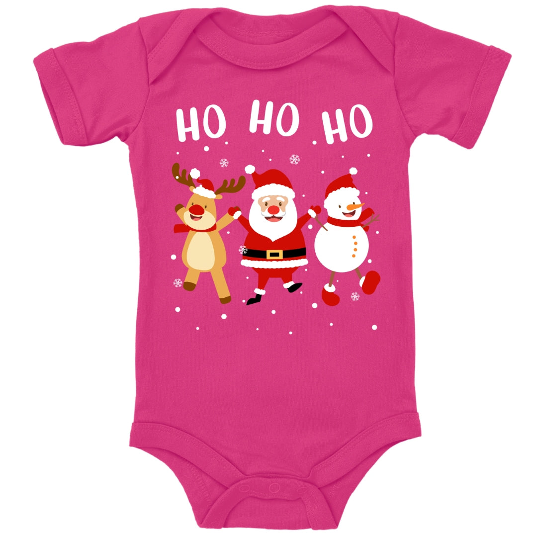 Ho Ho Ho, Weihnachtsmann, Schneemann und Elch tanzen im Schnee