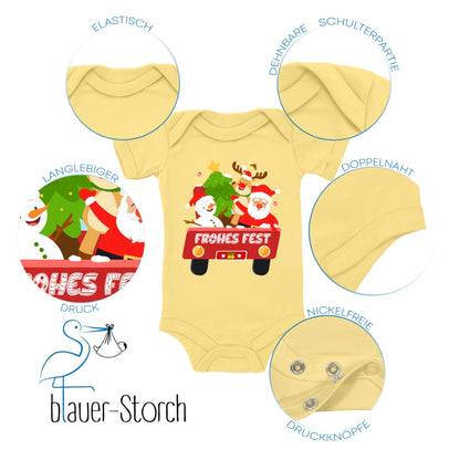 Frohes Fest, Weihnachtsmann , Schneemann, Elch und Tannenbaum im Weihnachtsauto