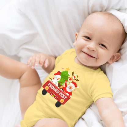 Frohes Fest, Weihnachtsmann , Schneemann, Elch und Tannenbaum im Weihnachtsauto