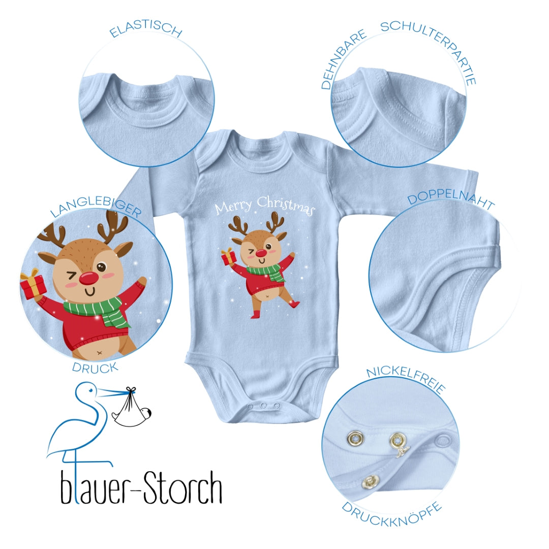 Merry christmas, fröhliches Rentier tanzt im Schnee