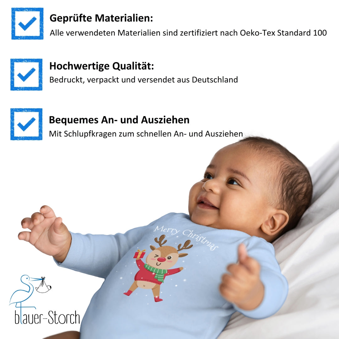 Merry christmas, fröhliches Rentier tanzt im Schnee