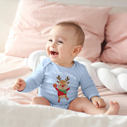 Merry christmas, fröhliches Rentier tanzt im Schnee