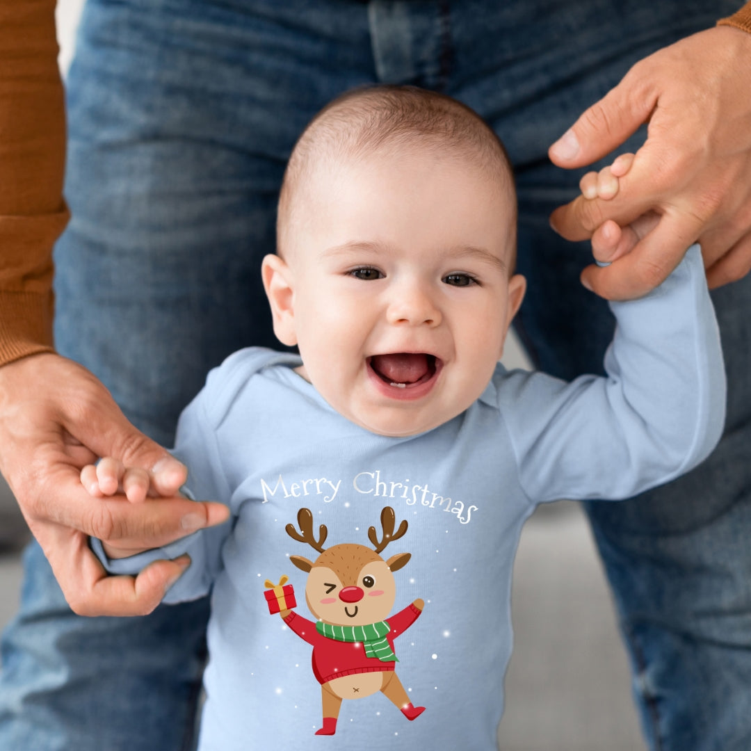 Merry christmas, fröhliches Rentier tanzt im Schnee