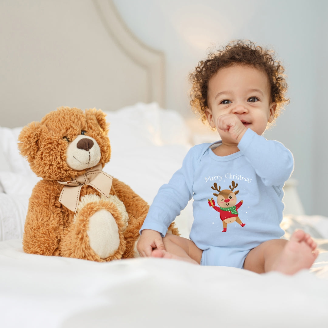 Merry christmas, fröhliches Rentier tanzt im Schnee