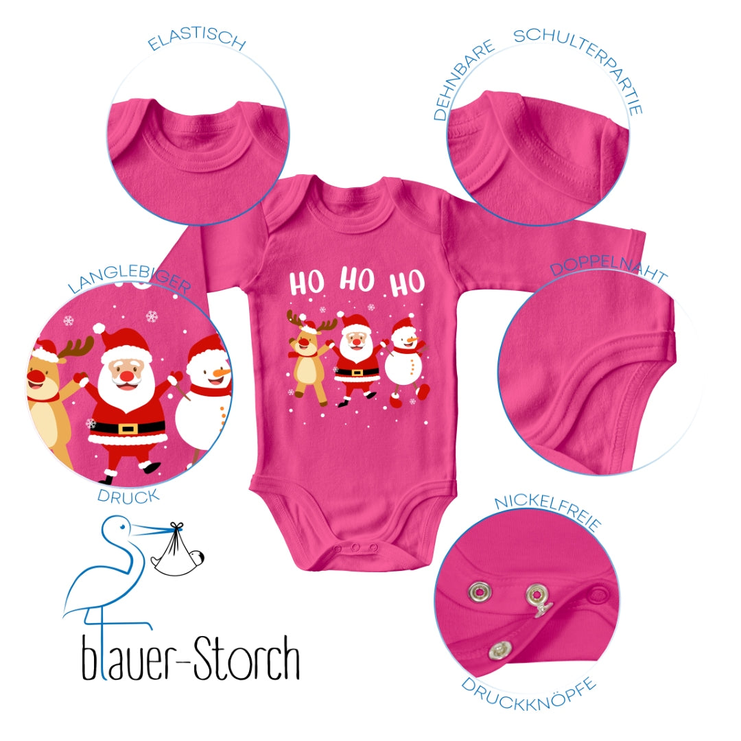 Ho Ho Ho, Weihnachtsmann, Schneemann und Elch tanzen im Schnee