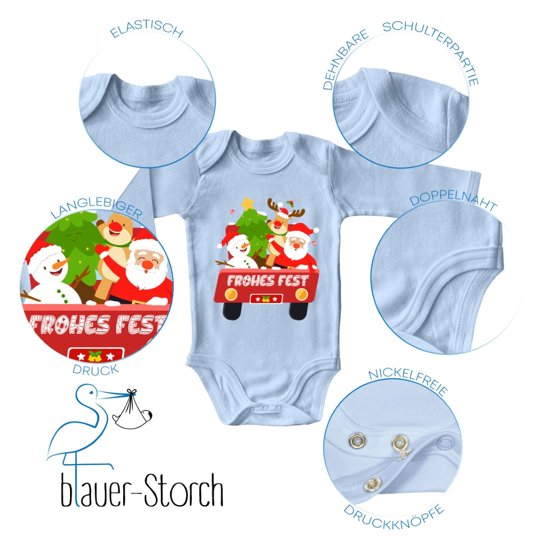 Frohes Fest, Weihnachtsmann , Schneemann, Elch und Tannenbaum im Weihnachtsauto