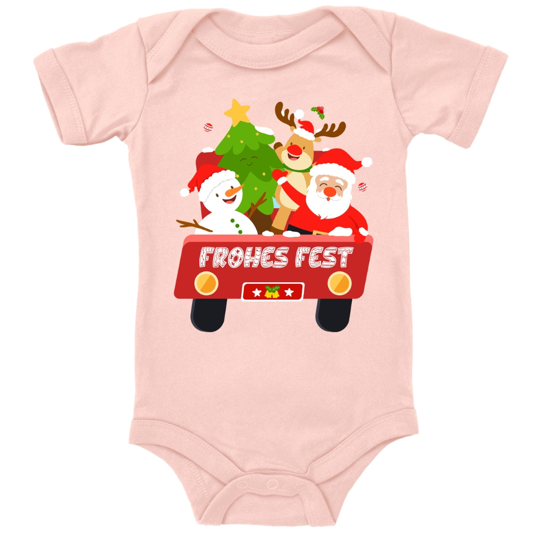 Frohes Fest, Weihnachtsmann , Schneemann, Elch und Tannenbaum im Weihnachtsauto